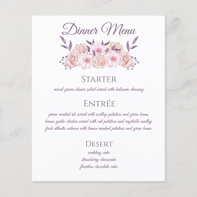 Watercolor Rosa Flowers-Bröllop Menu (Framsida)