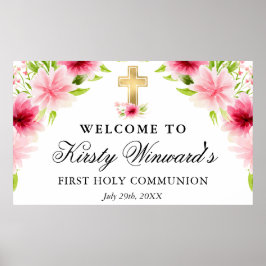 Watercolor Rosa Flowers First Heliga Communion Poster