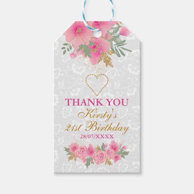 Watercolor Rosa Flowers Gold Foil Birthday Presentetikett (Framsidan)