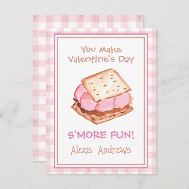 Watercolor Rosa Gingham S'mores Valentine's Cards Vykort (Fram/baksida)