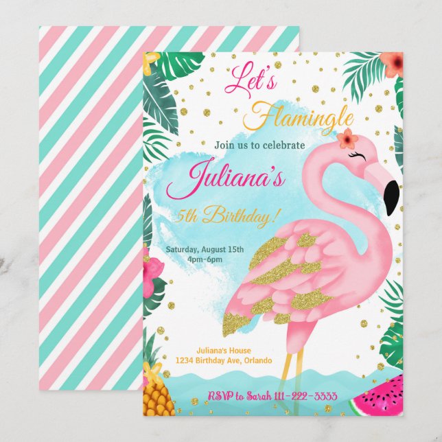 Watercolor Rosa Glitter Flamingo Birthday Inbjudan (Fram/baksida)