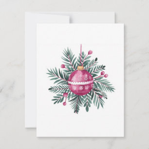 Watercolor Rosa Greenery Bauble jul Julkort