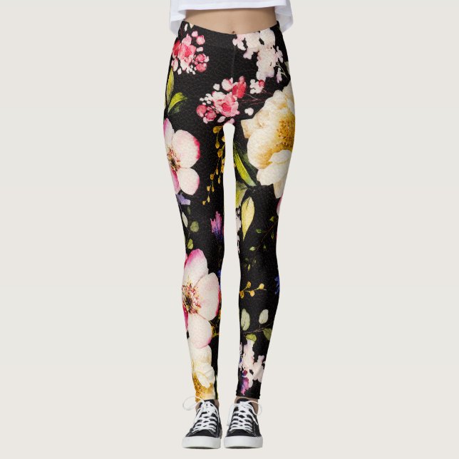 Watercolor Rosa Gul ros Black Background Leggings (Framsida)