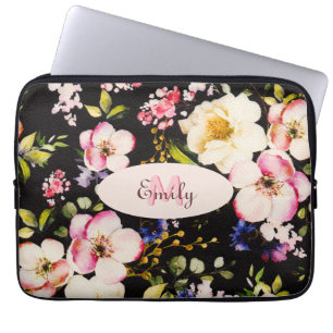 Watercolor Rosa Gul ros on black, Monogram Laptop Fodral