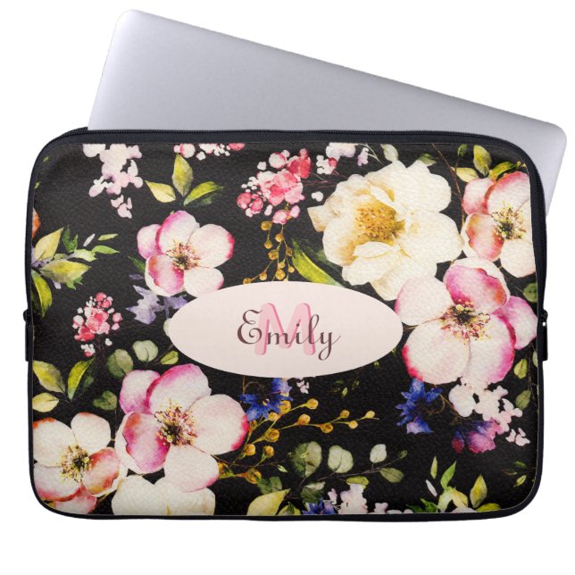 Watercolor Rosa Gul ros on black, Monogram Laptop Fodral (Framsidan)