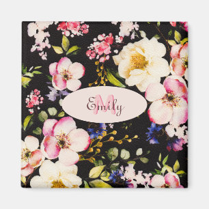 Watercolor Rosa Gul ros on black, Monogram Magnet