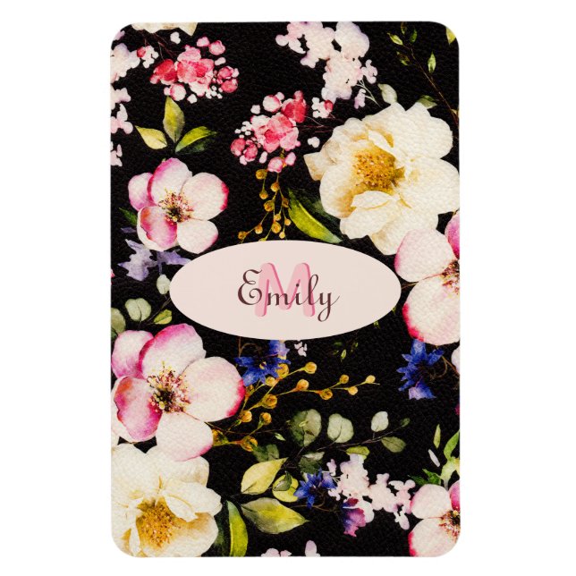 Watercolor Rosa Gul ros on black, Monogram Magnet (Vertikal)