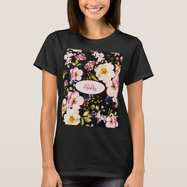 Watercolor Rosa Gul ros on black, Monogram T Shirt (Framsida)
