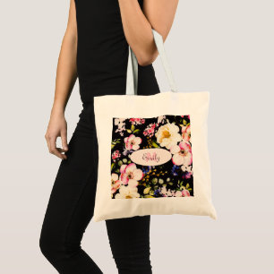 Watercolor Rosa Gul ros on black, Monogram Tygkasse