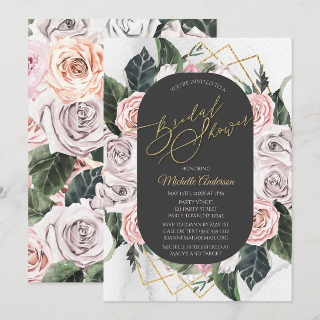 Watercolor Rosa Guld Blommigt Ro Möhippa Inbjudningar (Fram/baksida)