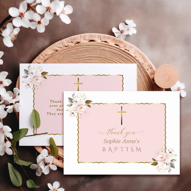 Watercolor Rosa Guld Flowers Girl Baptism Tack Kort (Skapare uppladdad)