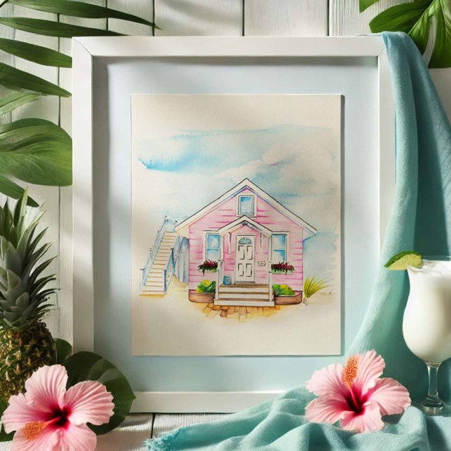 Watercolor Rosa House Porträtt Poster (Pink house portrait watercolor art by Victoria Grigaliunas Do Tell A Belle)
