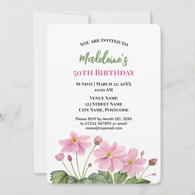 Watercolor Rosa Japansk Anemone Birthday Inbjudningar (Framsida)