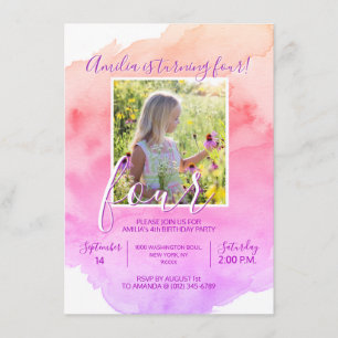 Watercolor Rosa Lila Girl 4:e ÅRET OLD BIRTHDAY Inbjudningar
