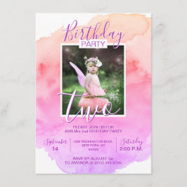 Watercolor Rosa Lila Girl Girl BIRTHDAY 2nd TVÅ ÅR Inbjudningar