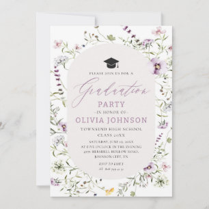Watercolor Rosa Lila Wildblomme Studenten Inbjudningar