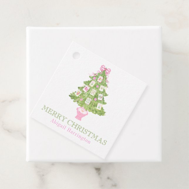 Watercolor Rosa Mahjong Julgran Gåvor Etiketter (På plats)