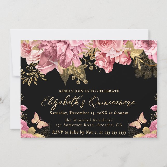 Watercolor Rosa och Guld Flowers Quinceanera Inbjudningar (Framsida)