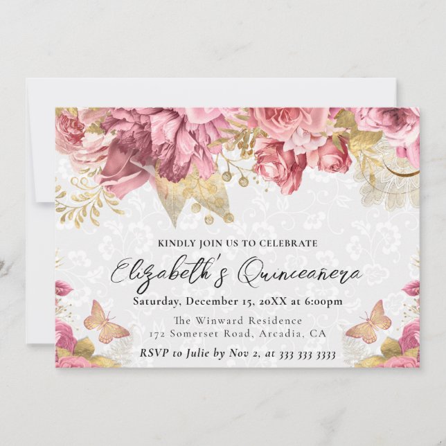 Watercolor Rosa och Guld Flowers Quinceanera Inbjudningar (Framsida)