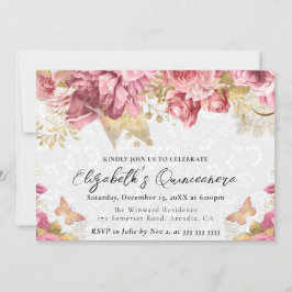 Watercolor Rosa och Guld Flowers Quinceanera Inbjudningar