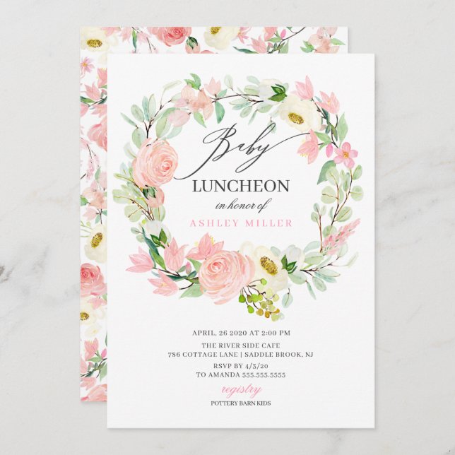 Watercolor Rosa Peonies Blommigt Baby Luncheon Inbjudningar (Fram/baksida)