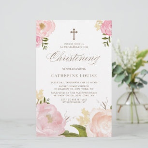 Watercolor Rosa Peonies Blommigt Christening Inbju