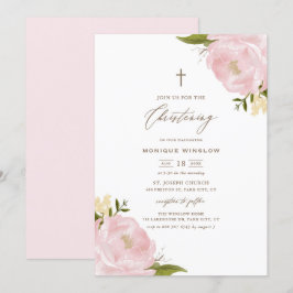 Watercolor Rosa Peonies Christening Inbjudningar