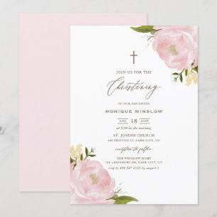 Watercolor Rosa Peonies Christening Inbjudningar