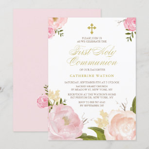 Watercolor Rosa Peonies First Heliga Communion II Inbjudningar