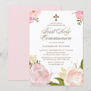 Watercolor Rosa Peonies First Heliga Communion Inbjudningar