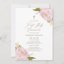 Watercolor Rosa Peonies First Heliga Communion Inbjudningar