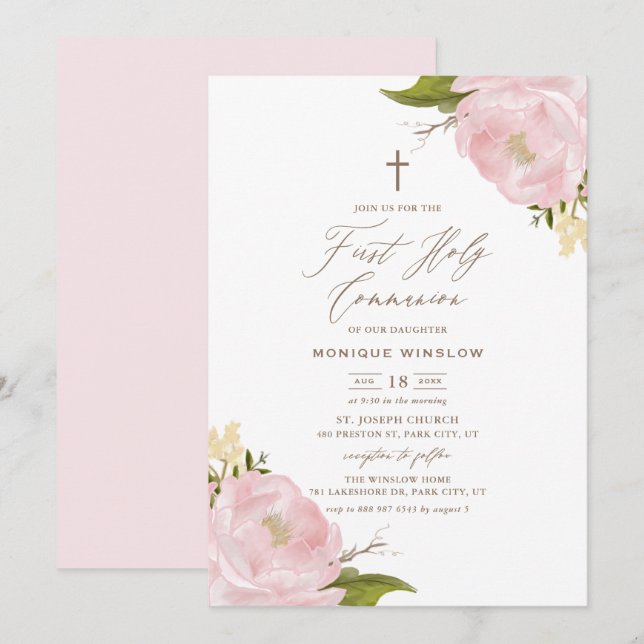 Watercolor Rosa Peonies First Heliga Communion Inbjudningar (Fram/baksida)