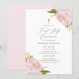 Watercolor Rosa Peonies First Heliga Communion Inbjudningar