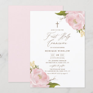 Watercolor Rosa Peonies First Heliga Communion Inbjudningar