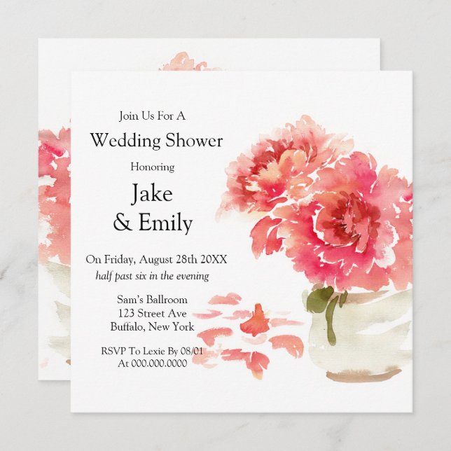 Watercolor Rosa Peonies Mason Burk Möhippa Inbjudningar (Fram/baksida)