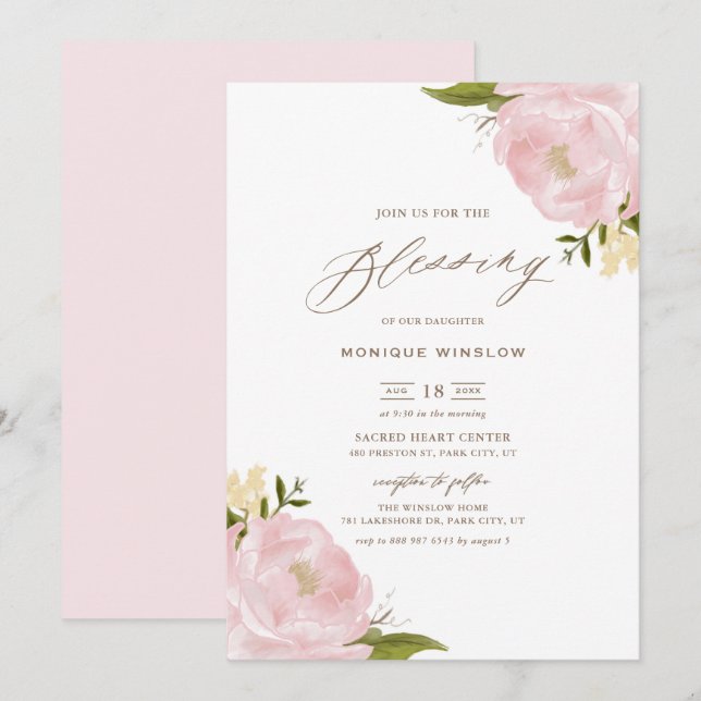 Watercolor  Rosa Peonies Script Baby Blating Inbjudningar (Fram/baksida)