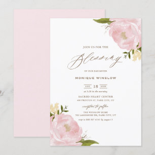 Watercolor Rosa Peonies Script Baby Blating Inbjudningar