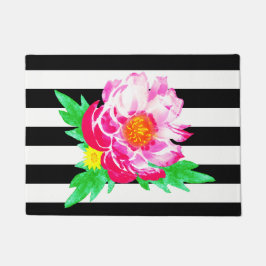 Watercolor Rosa Peony Black & White Door Mat