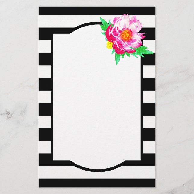 Watercolor Rosa Peony Black & White Stationery Brevpapper (Framsida)