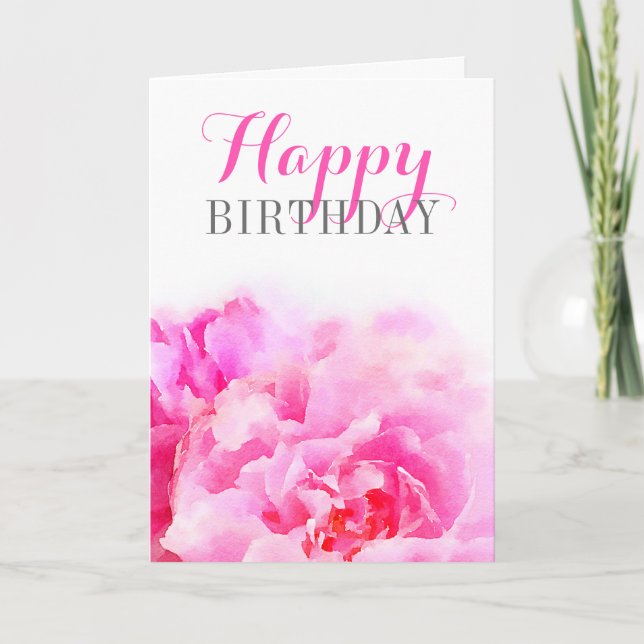 Watercolor Rosa Peony Blommigt Birthday Kort (Framsida)