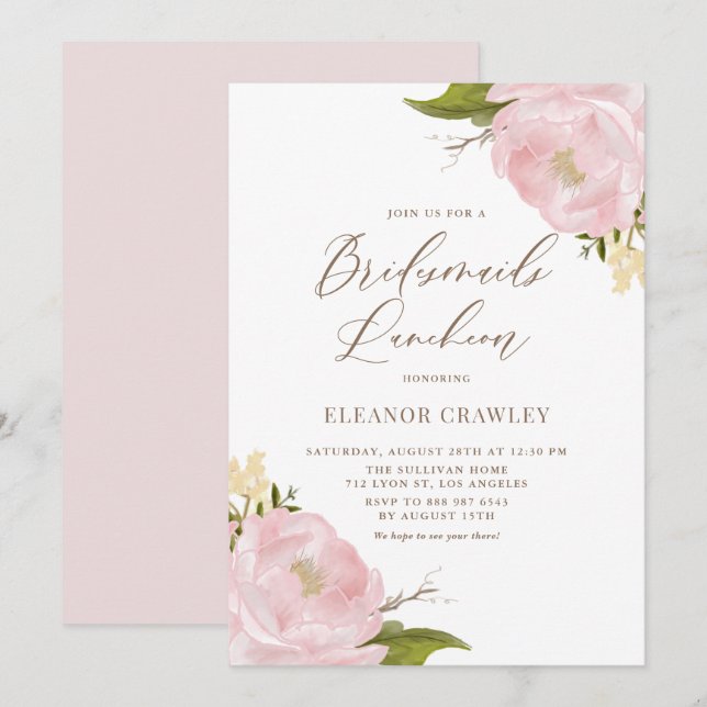 Watercolor  Rosa Peony Bridesmaids Luncheon Inbjudningar (Fram/baksida)