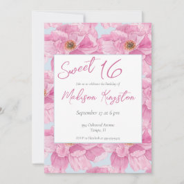 Watercolor Rosa Peony Sweet 16 Party Inbjudningar