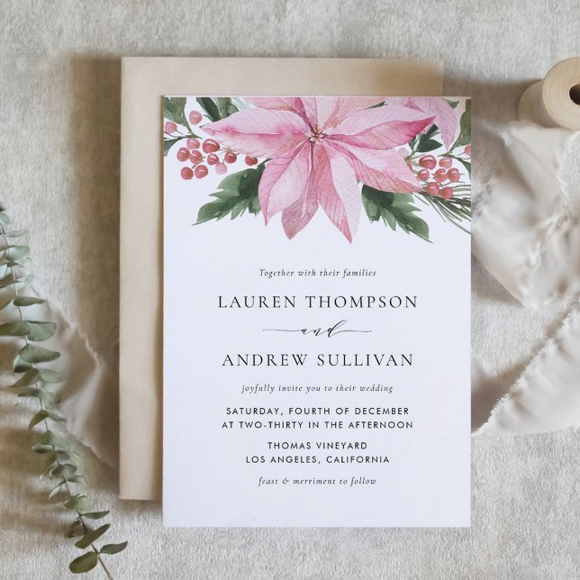 Watercolor Rosa Poinsettia Blommigt Winter Wedding Inbjudningar (Gray Modern Minimalist Foliage Wedding Invitation)