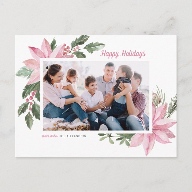 Watercolor Rosa Poinsettia Glad helg Photo (Framsida)