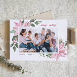 Watercolor Rosa Poinsettia Glad helg Photo Julkort