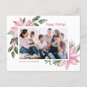 Watercolor Rosa Poinsettia Glad helg Photo Vykort
