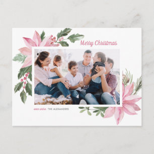 Watercolor Rosa Poinsettia God jul Photo Helg Vykort