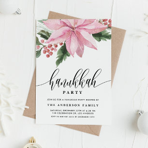 Watercolor Rosa Poinsettia Holly Hanukkah Party Inbjudningar