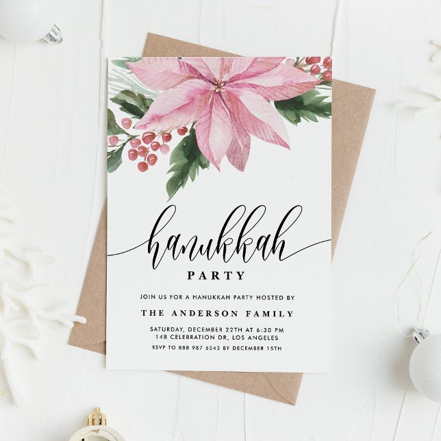 Watercolor Rosa Poinsettia Holly Hanukkah Party Inbjudningar (Skapare uppladdad)
