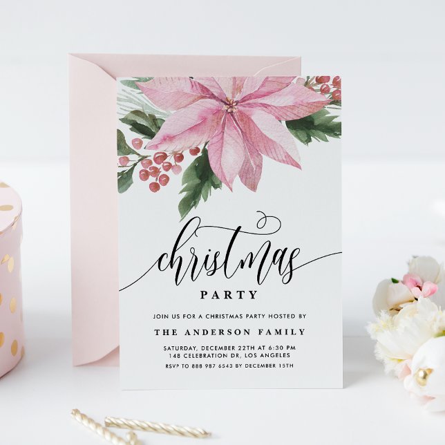 Watercolor Rosa Poinsettia Holly jul Party Inbjudningar (Skapare uppladdad)